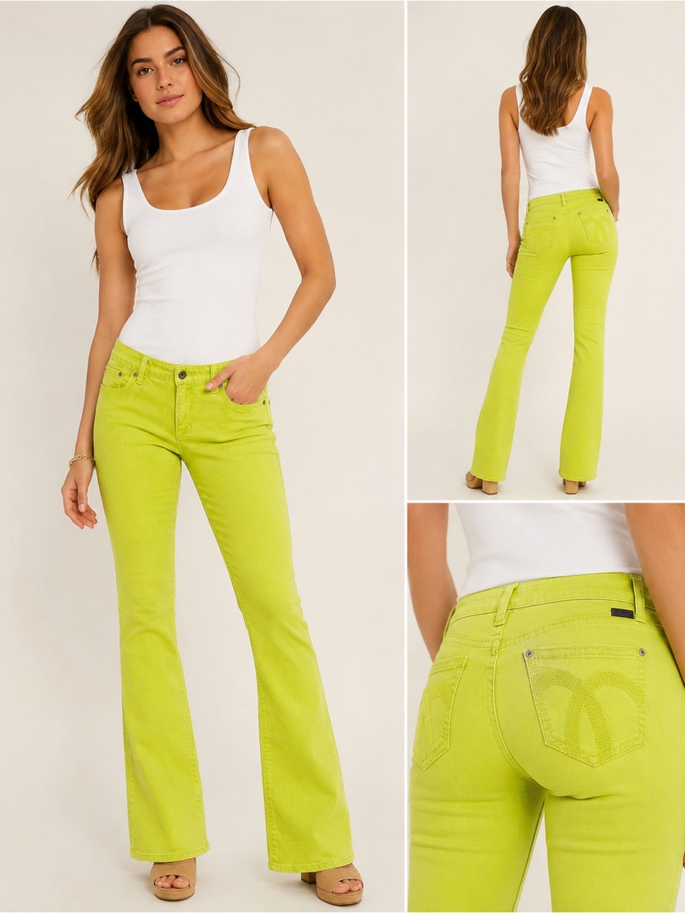 Vintage Y2K Liz Claiborne Slim Flare Lime Green Embroidered Jeans Size 10